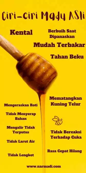 Ciri-ciri Madu asli seperti kental, berbuih saat dipanaskan, mudah terbakar; tahan beku; tidak lengket; mengalir tidak putus; tidak larut air; tidak menyerap bahan